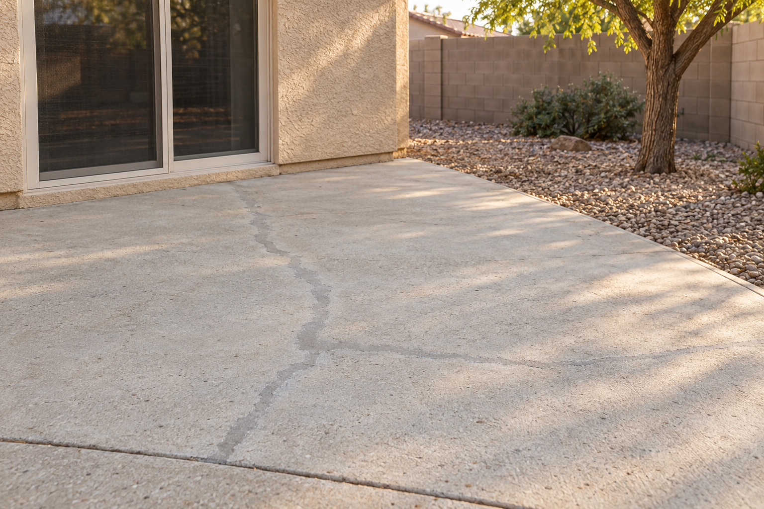 A back patio slab with a crack patched and ground flush