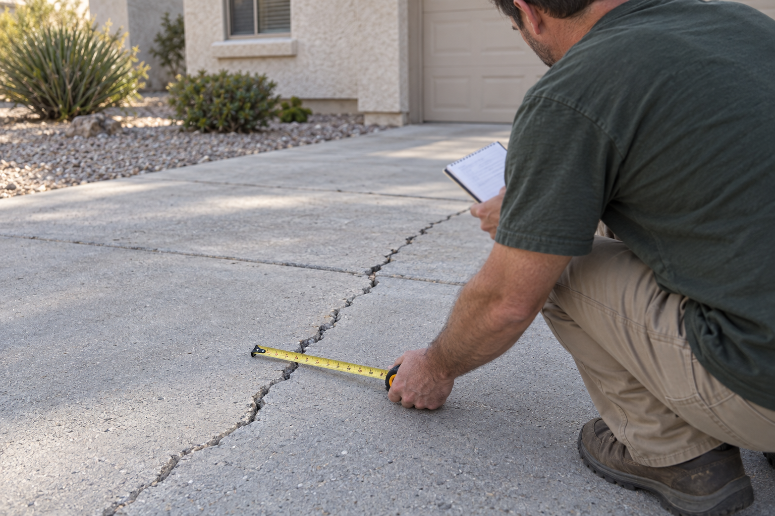 A contractor measuring a driveway crack with a tape measure