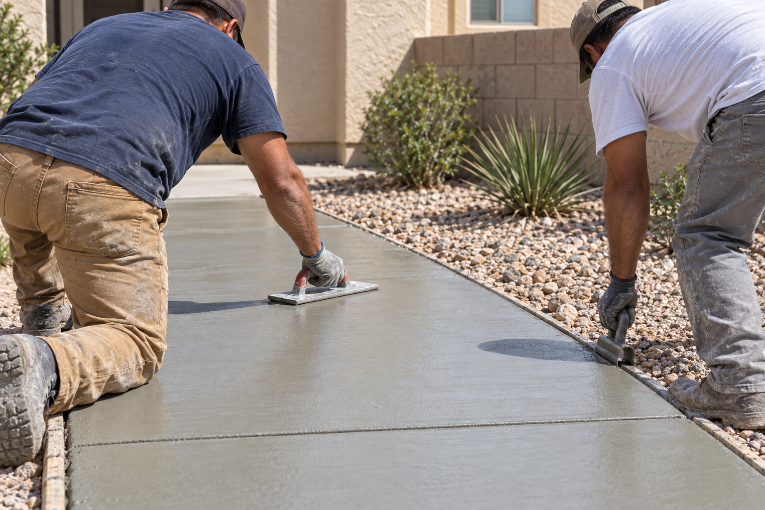 Two workers floating and edging a fresh concrete patch in a sidewalk